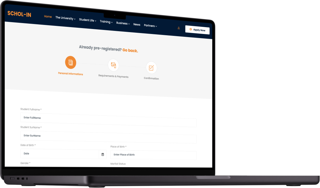 SCHOL-IN online student registration system displayed on MacBook Pro mockup