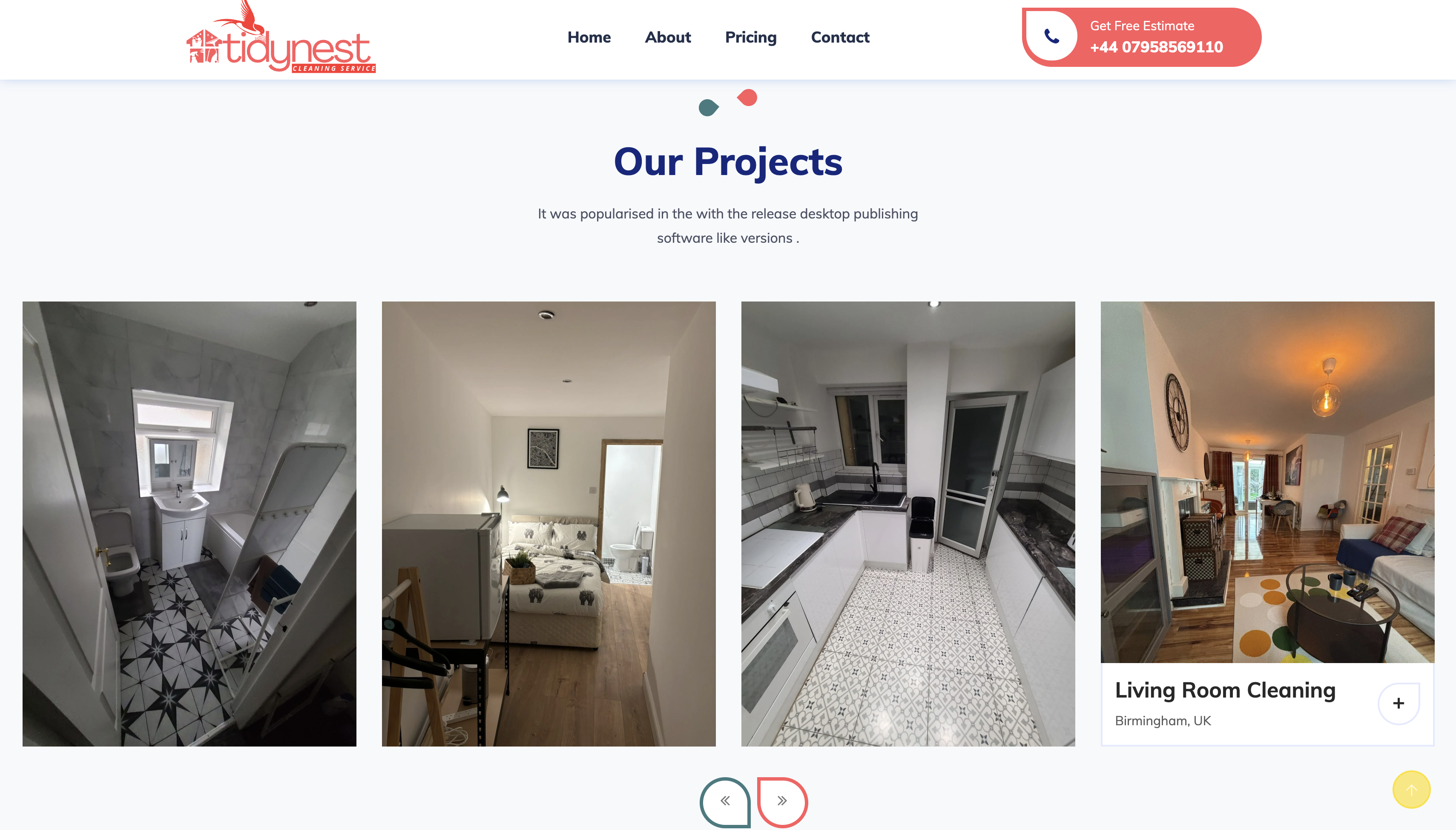 TidyNest Cleaning Services website homepage showing hero section and service overview